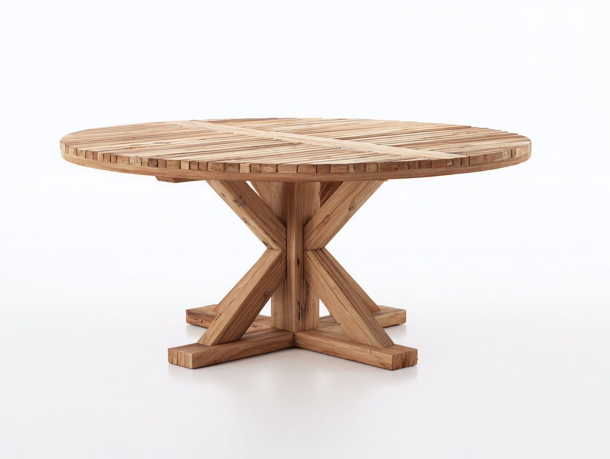 Table de jardin ronde en bois 145x145x75 cm - brun clair - usage extérieur design à lattes croisées