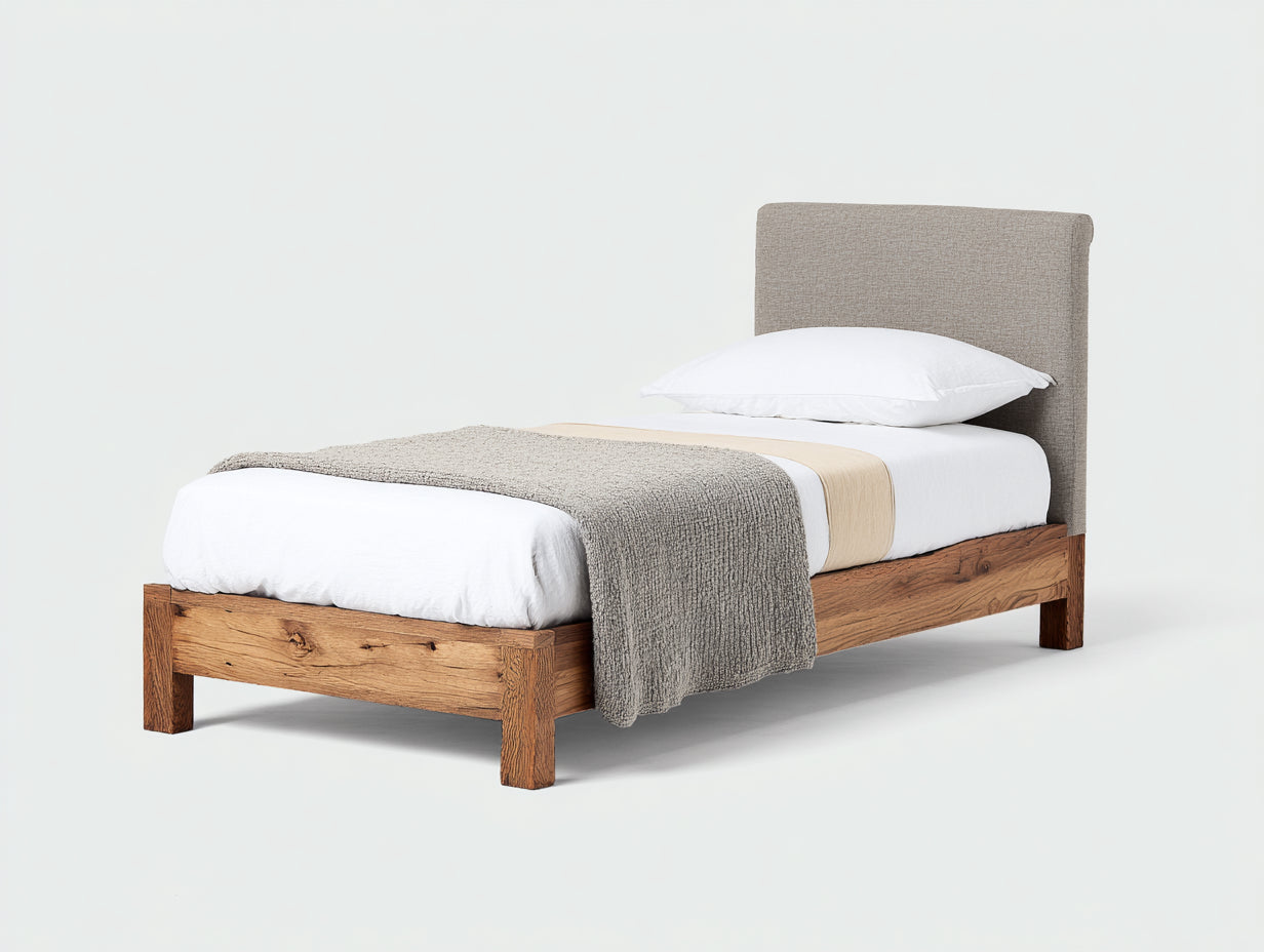 Lit simple en bois avec tête de lit en tissu 203x97x92 cm - bois naturel gris beige - adapté à la chambre - style naturel