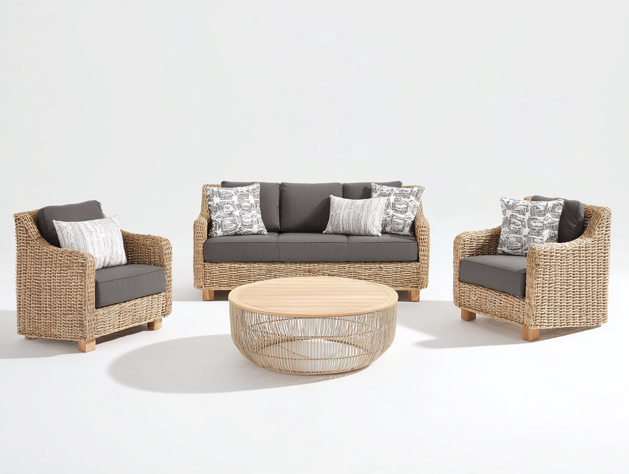 Canapé de jardin en rotin synthétique 190x82x78 cm - rotin naturel gris - adapté à l'extérieur - style naturel avec table basse