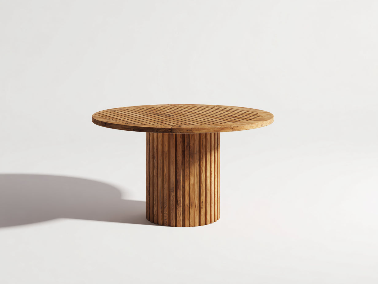 Table de jardin ronde en bois 150x150x75 cm - bois clair - usage extérieur design rainuré