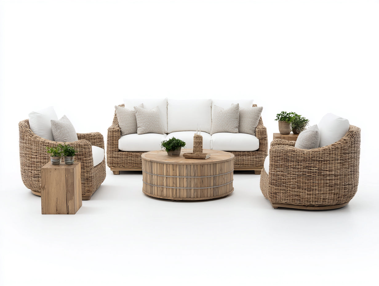 Canapé de jardin en rotin synthétique 210x86x82 cm - rotin naturel blanc - adapté à l'extérieur - style bohème naturel avec tables