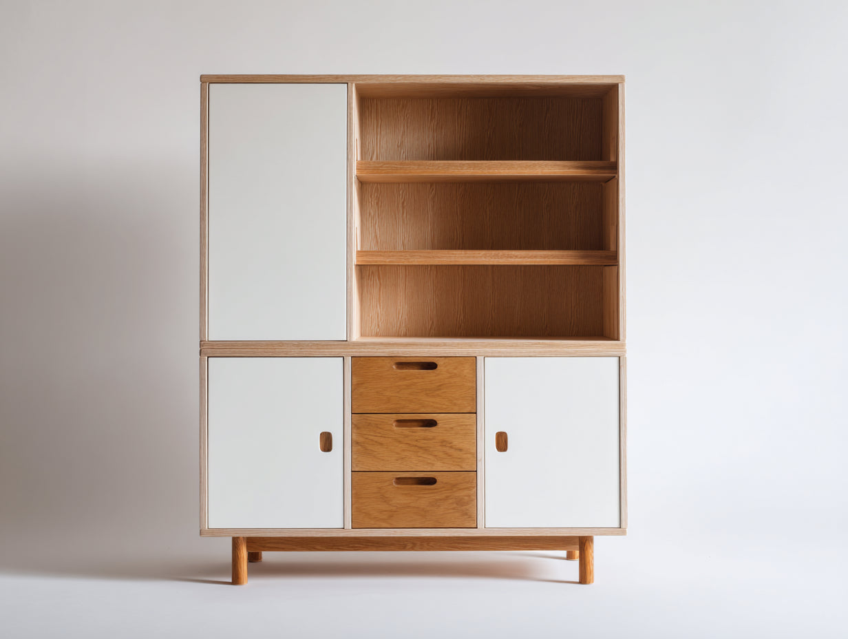 Bibliothèque avec rangements en bois 118x40x170 cm - bois naturel-blanc - design moderne - adaptée au salon