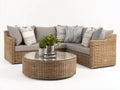 Canapé de jardin d'angle en résine tressée 220x185x78 cm - beige-gris - adapté à l'extérieur avec table basse ronde style contemporain