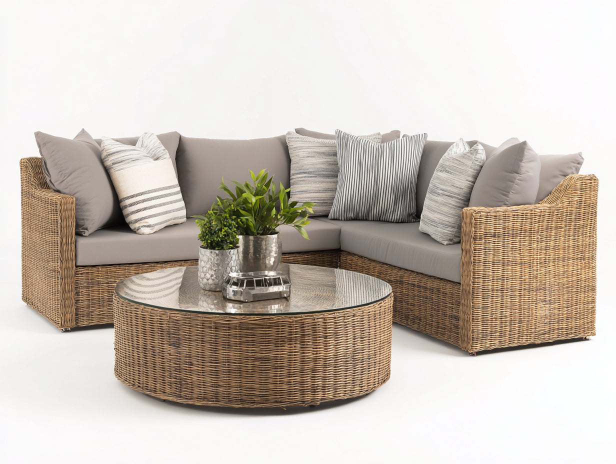 Canapé de jardin d'angle en résine tressée 220x185x78 cm - beige-gris - adapté à l'extérieur avec table basse ronde style contemporain
