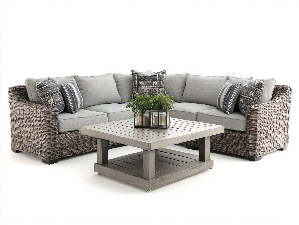 Canapé de jardin d'angle en résine tressée 190x190x78 cm - beige-gris - adapté à l'extérieur avec table basse carrée style contemporain