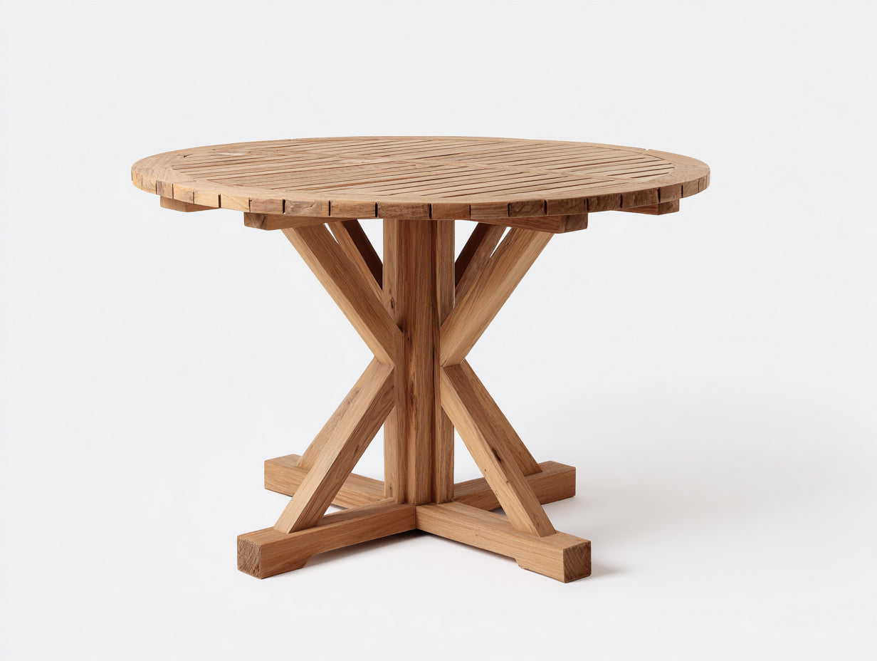 Table de jardin ronde en bois 120x120x75 cm - bois naturel - design contemporain - adaptée à l'extérieur