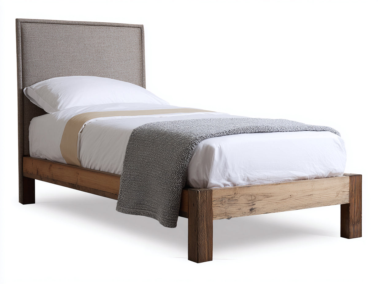 Lit simple en bois avec tête de lit en tissu 201x98x108 cm - bois naturel gris taupe - adapté à la chambre - style rustique moderne
