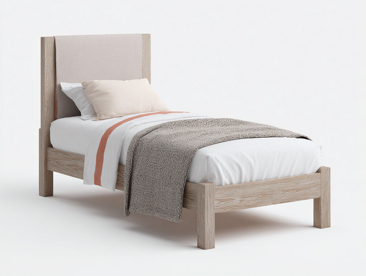 Lit simple en bois avec tête rembourrée 202x99x102 cm - bois clair-beige - chambre style naturel