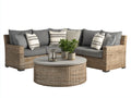 Canapé de jardin d'angle en rotin synthétique 250x190x78 cm - rotin naturel gris - adapté à l'extérieur - avec table basse ronde