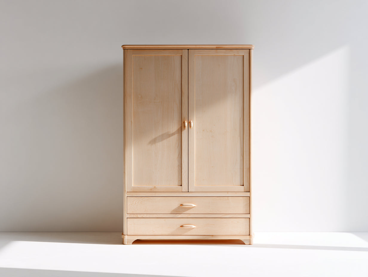 Armoire en bois clair à 2 portes et 2 tiroirs 115x52x178 cm - bois naturel clair - adaptée à la chambre - style classique