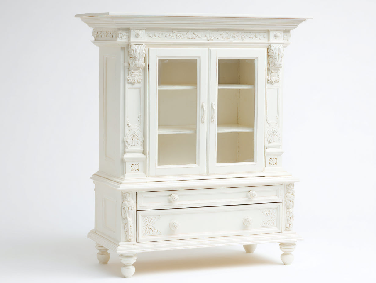 Bibliothèque vitrée en bois 108x41x165 cm - blanc ivoire - style classique - adaptée au salon
