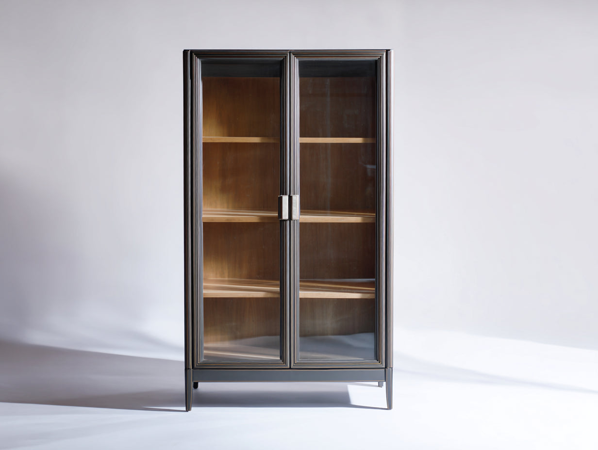 Bibliothèque vitrée en bois et verre 86x38x175 cm - noir-bois naturel - design moderne - adaptée au salon