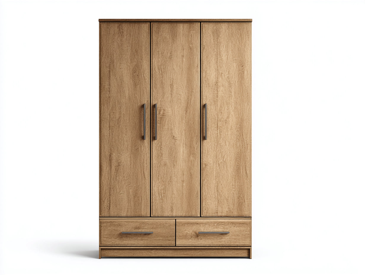 Armoire à 3 portes et 2 tiroirs 135x58x198 cm - bois clair - adaptée à la chambre - style naturel
