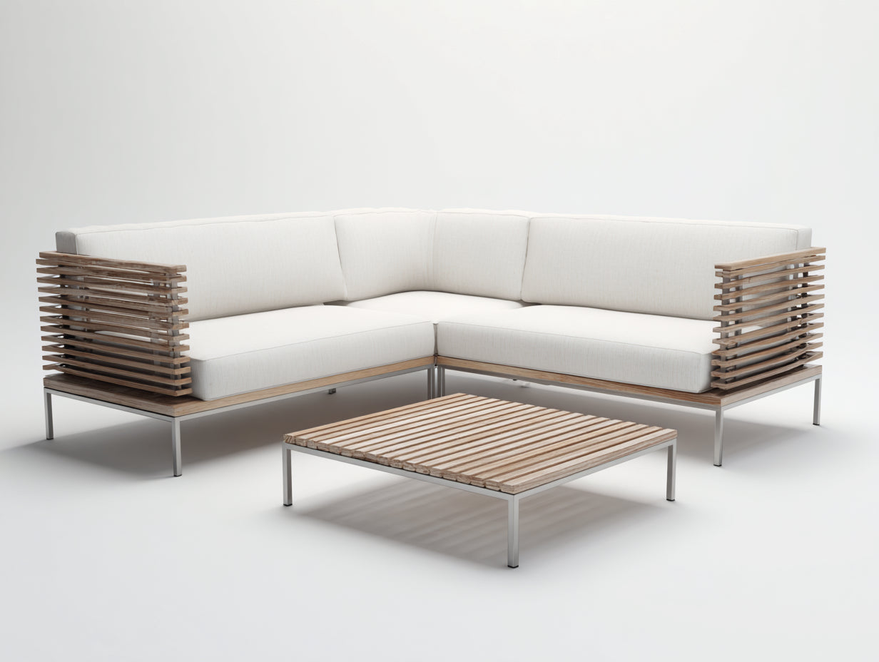 Canapé de jardin d'angle en bois et métal 245x245x76 cm - blanc bois clair argenté - adapté à l'extérieur - style contemporain avec table basse