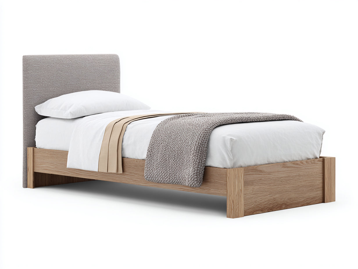 Lit simple en bois avec tête de lit en tissu 202x96x90 cm - bois clair gris beige - adapté à la chambre - style naturel
