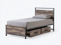 Lit simple en bois et métal 205x98x105 cm - bois foncé-noir - rangement pour chambre style industriel