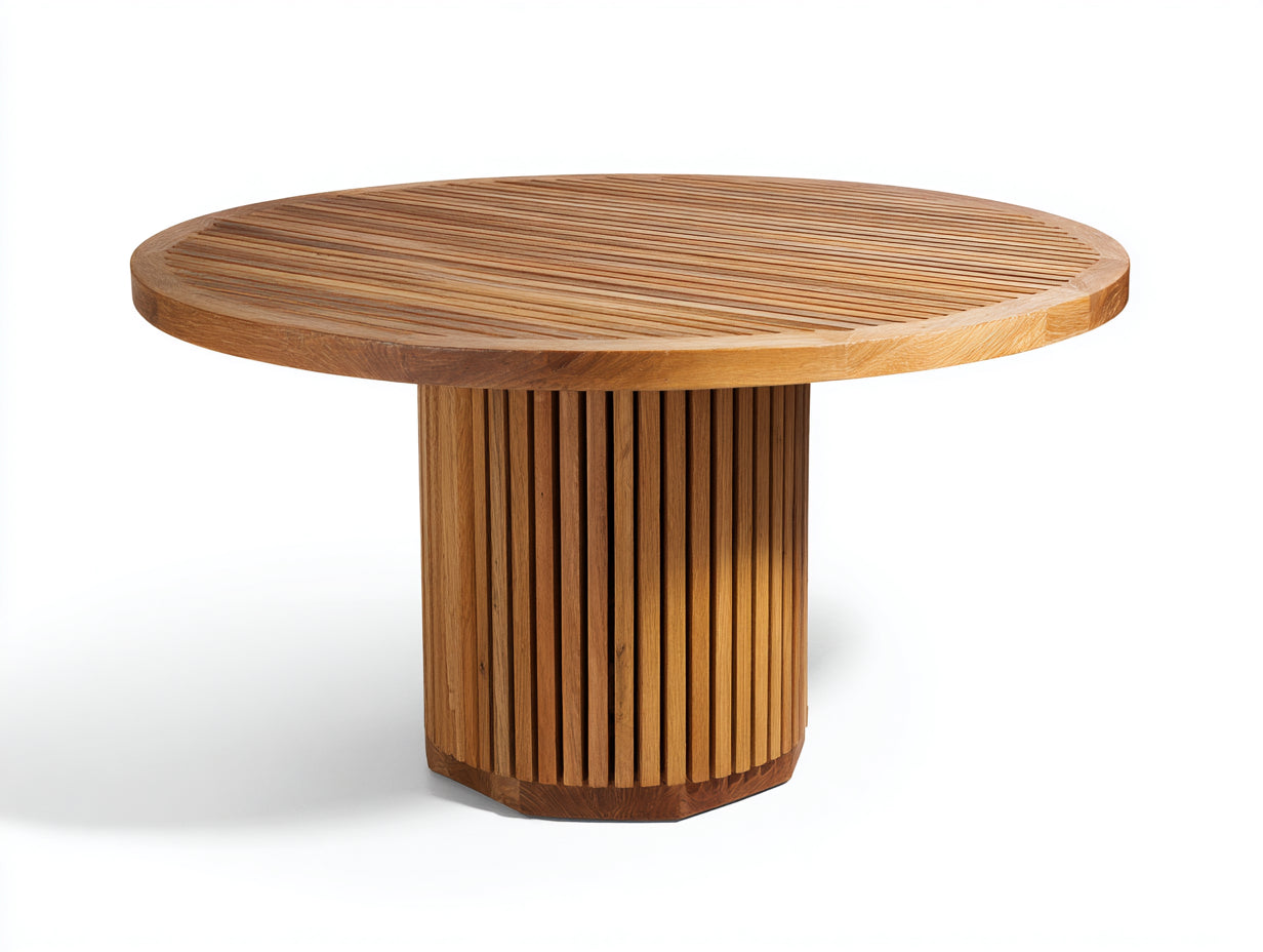 Table de jardin ronde en bois 128x128x75 cm - bois naturel - design contemporain - adaptée à l'extérieur