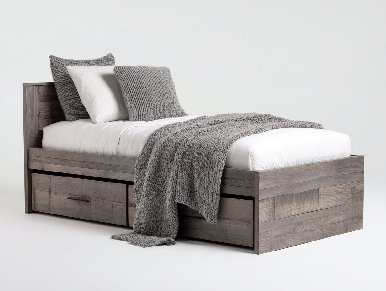 Lit simple en bois 206x101x92 cm - bois gris-noir - rangement pour chambre style contemporain